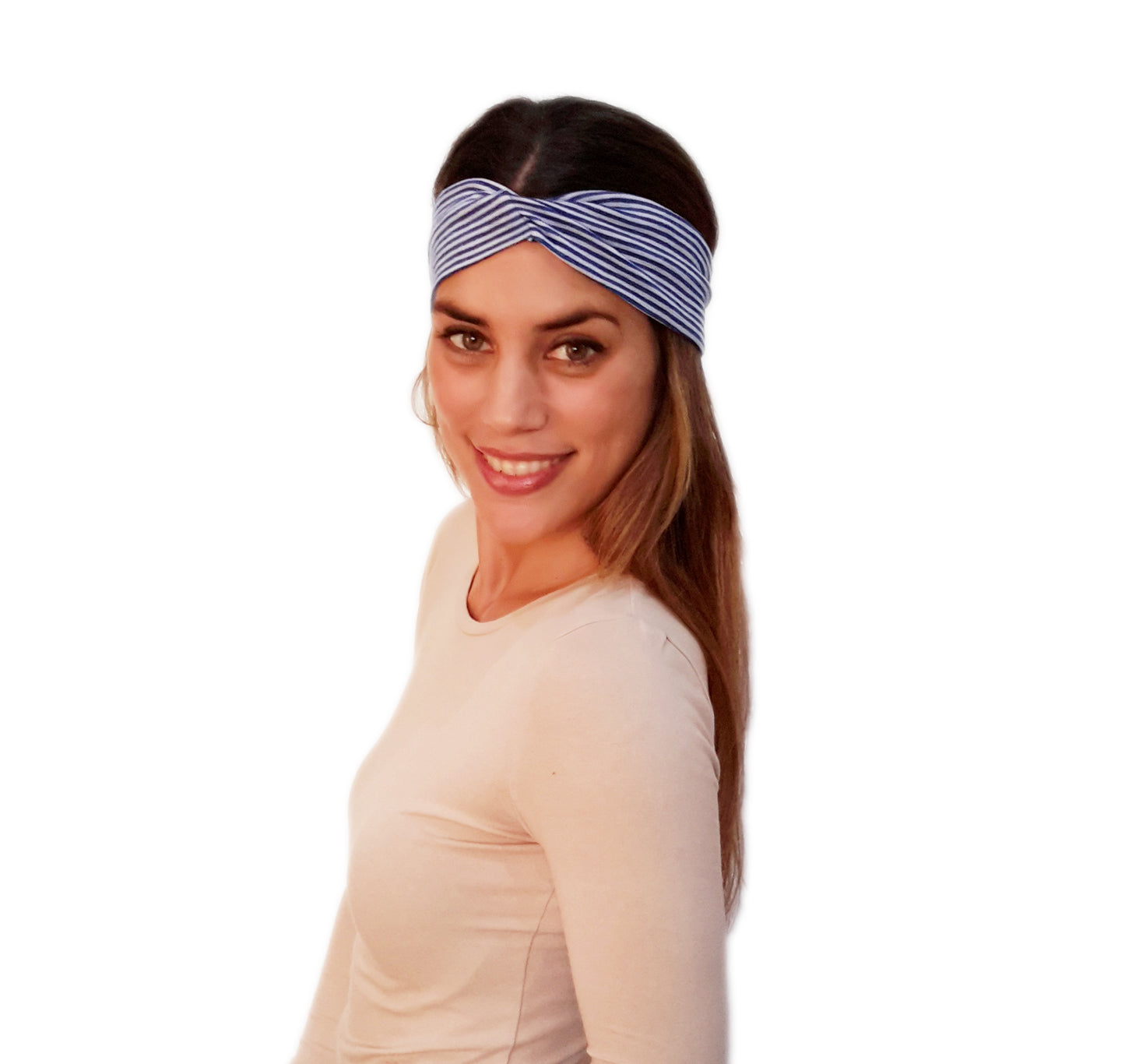 Cinta de Pelo Elástica con Nudo · Rayas Finas Azul Blanco