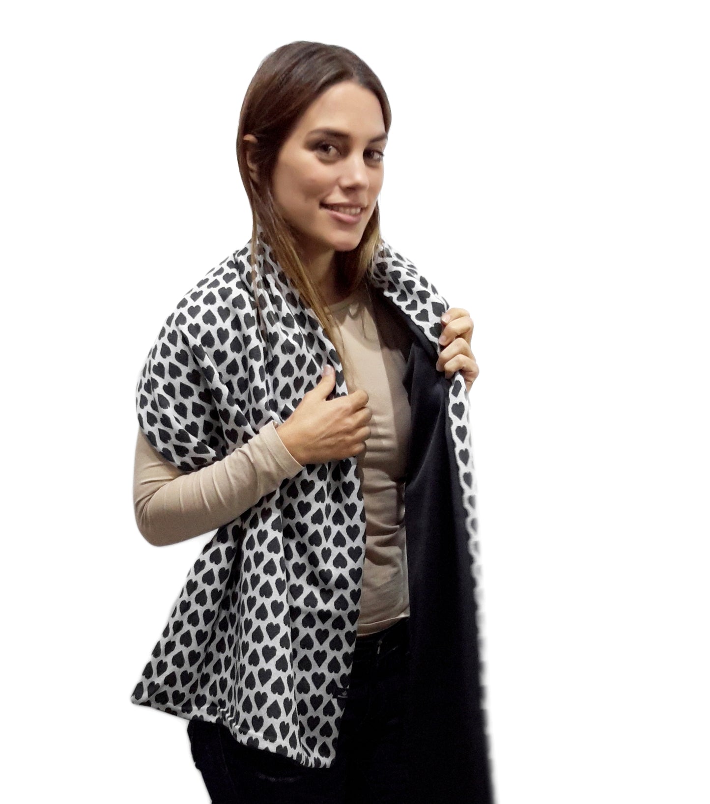 Bufanda Grande Reversible · Corazones Negro Blanco