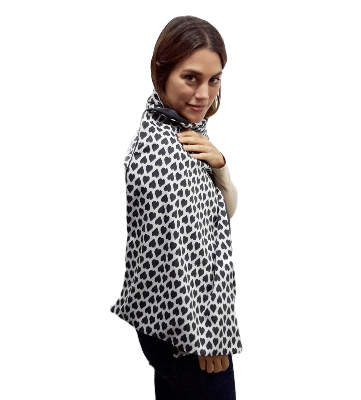 Bufanda Grande Reversible · Corazones Negro Blanco