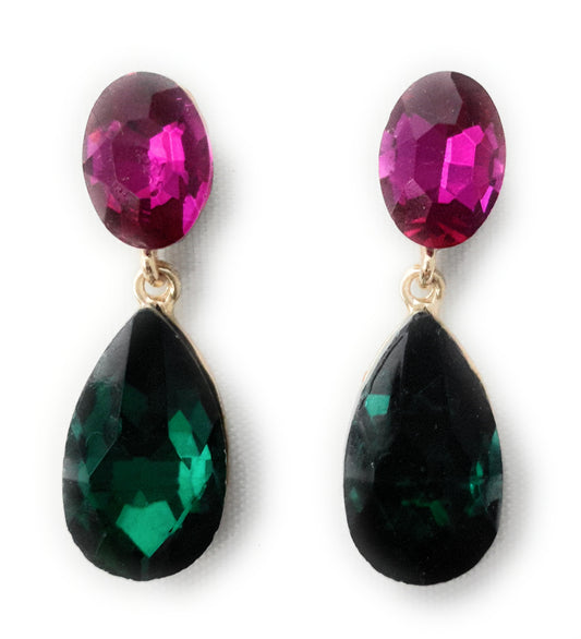 Pendientes Cristales Brillantes Lágrima · Fucsia Verde