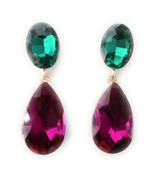Pendientes Cristales Brillantes Lágrima · Verde Fucsia (última unidad!)
