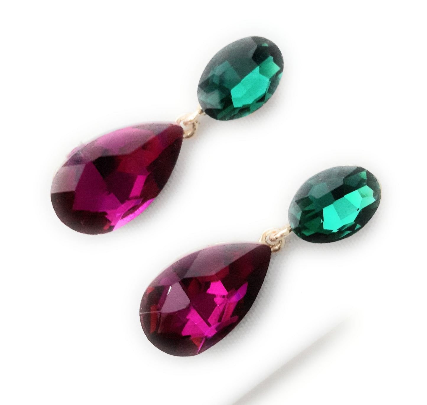 Pendientes Cristales Brillantes Lágrima · Verde Fucsia