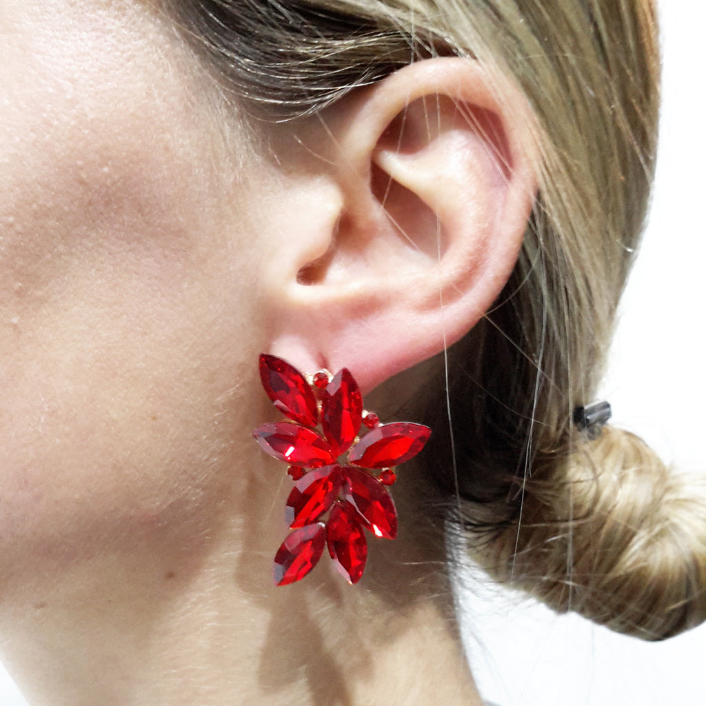 Pendientes Espectaculares Florales · Cristales Rojo, Oro