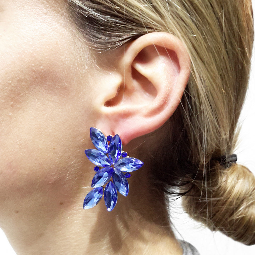 Pendientes Espectaculares Florales · Cristales Azul Cobalto, Oro