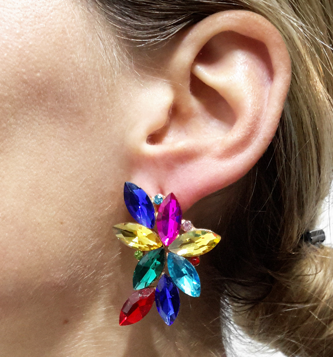 Pendientes Espectaculares Florales · Cristales Multicolor, Oro