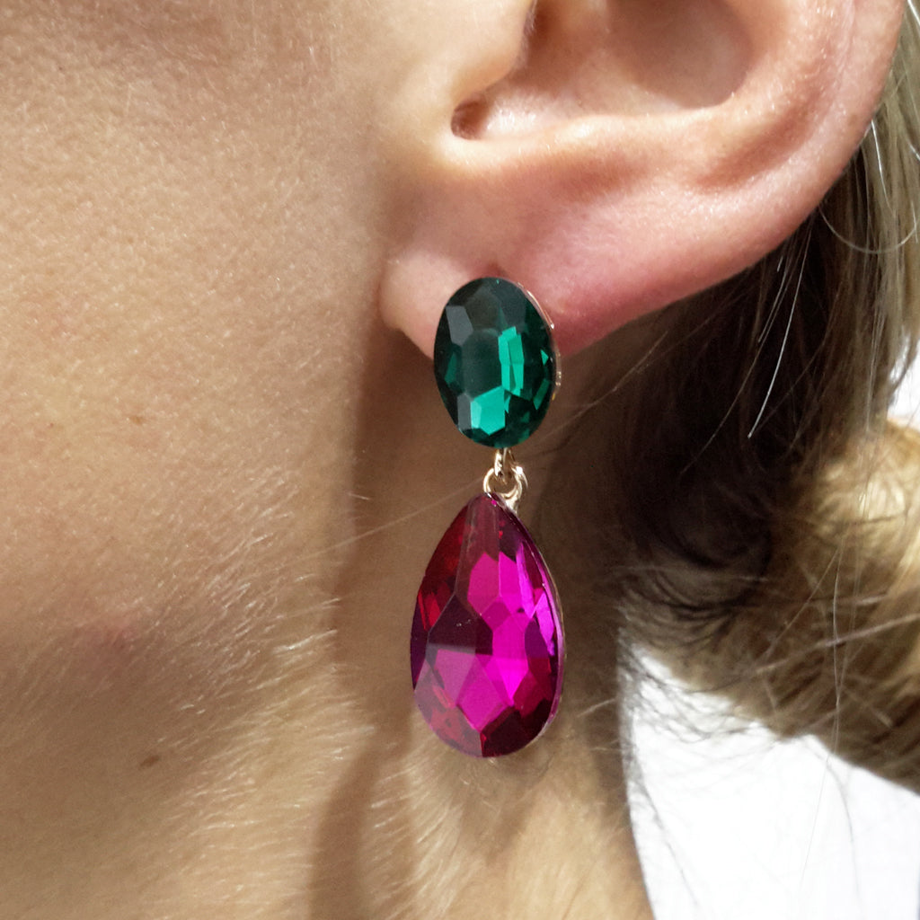 Pendientes Cristales Brillantes Lágrima · Verde Fucsia (última unidad!)