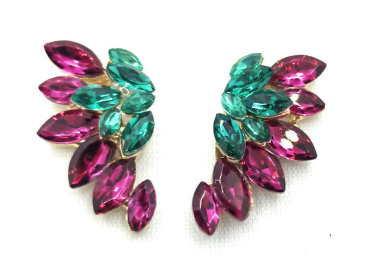 Pendientes Cristales Brillantes · Fucsia Verde, Oro