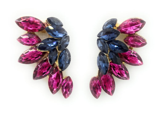 Pendientes Cristales Brillantes · Medio Aro Fucsia Azul