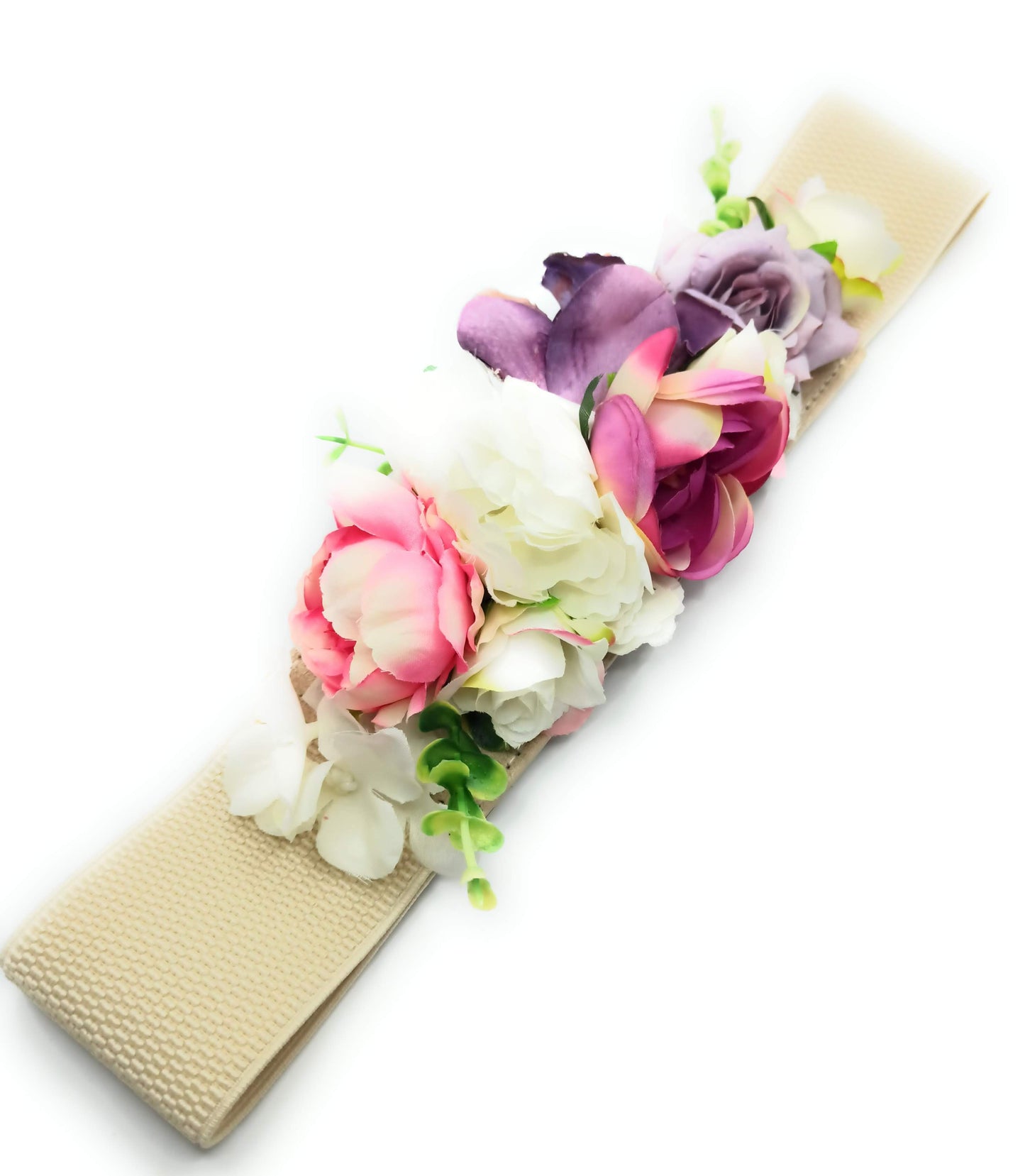 Cinturón de Flores · Cinta Beis, Flores Blancas Orquídea Morada