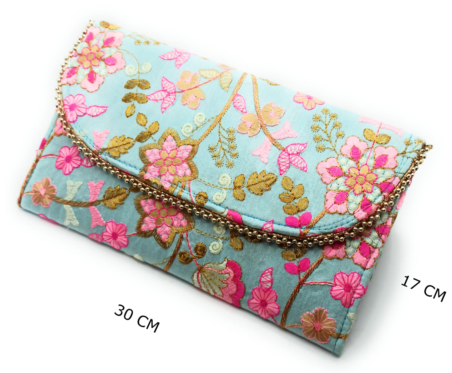 Cartera De Mano Grande · Artesanía bordada, Celeste Rosa