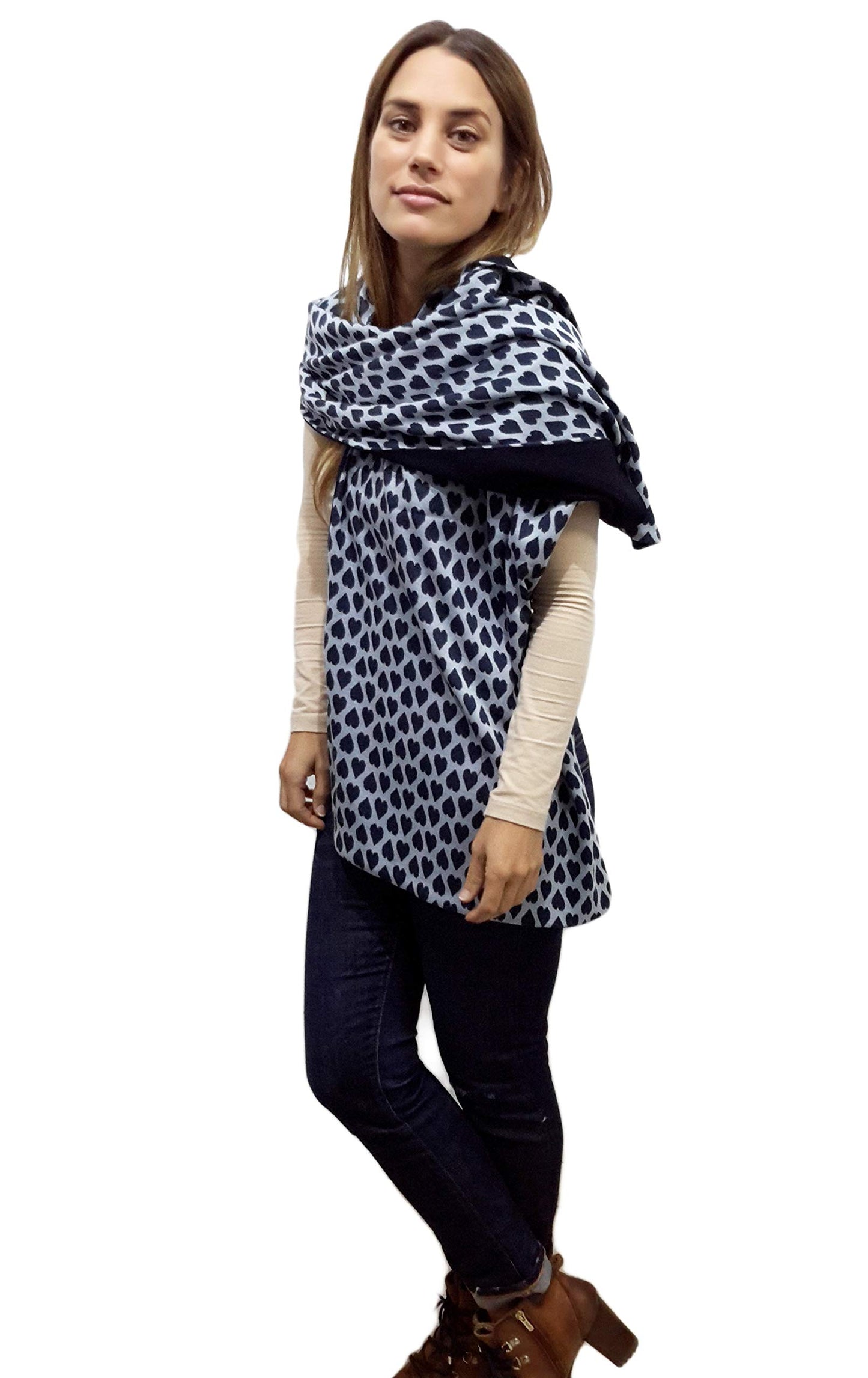 Bufanda Grande Reversible · Corazones Azul