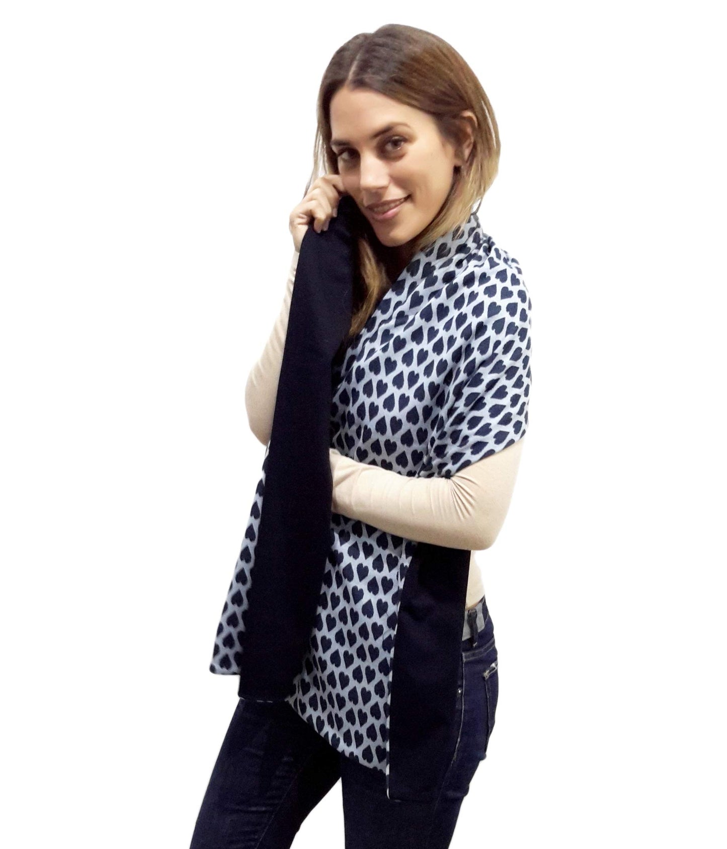 Bufanda Grande Reversible · Corazones Azul