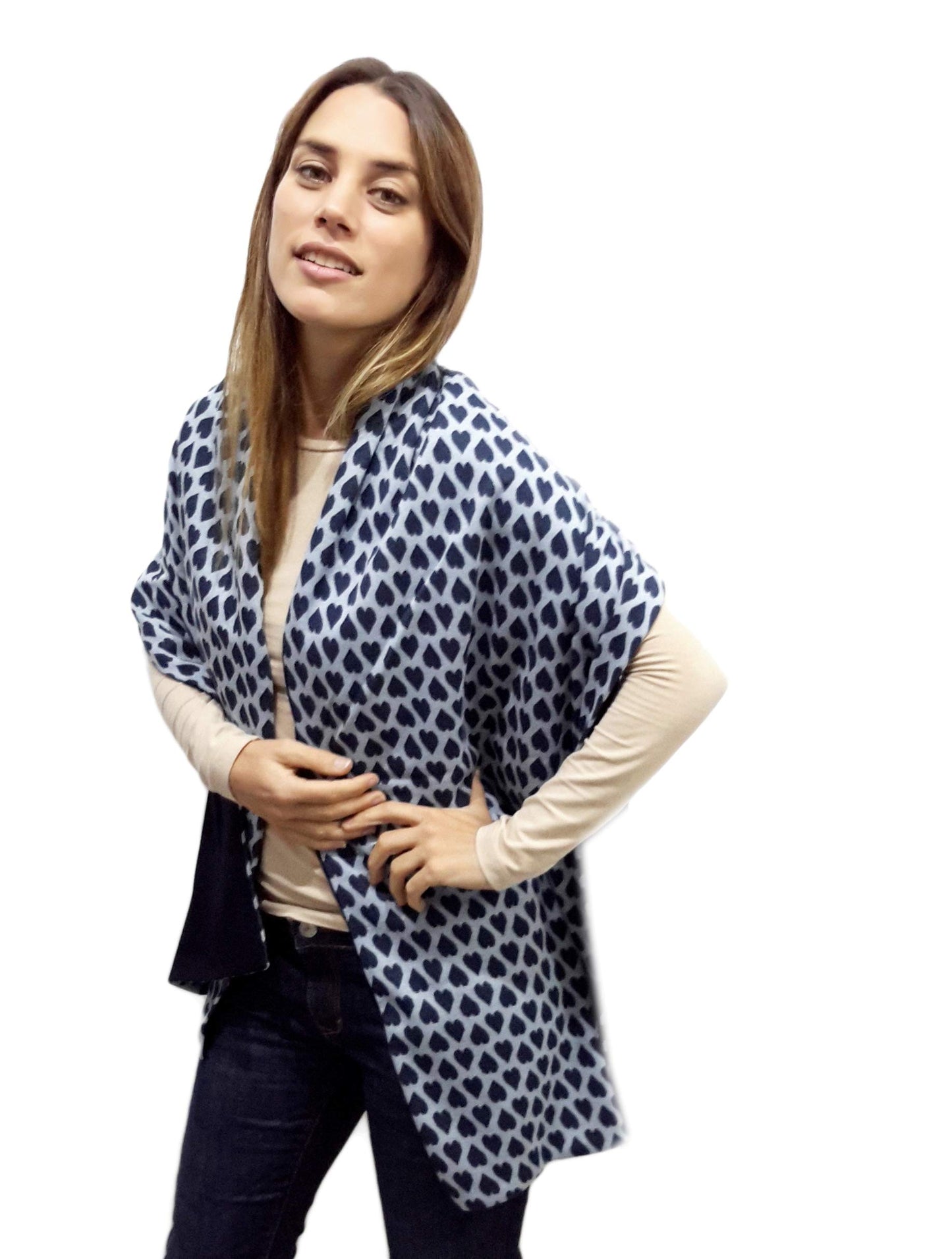 Bufanda Grande Reversible · Corazones Azul