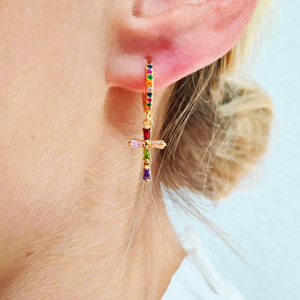 Pendientes con Colgantes · Aro Cruz Multicolor