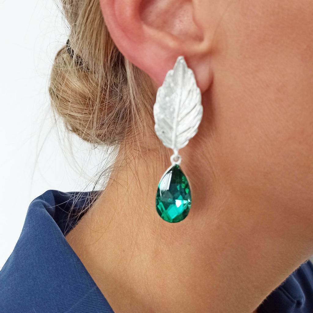 Pendientes Hoja · Verde Esmeralda, Plata