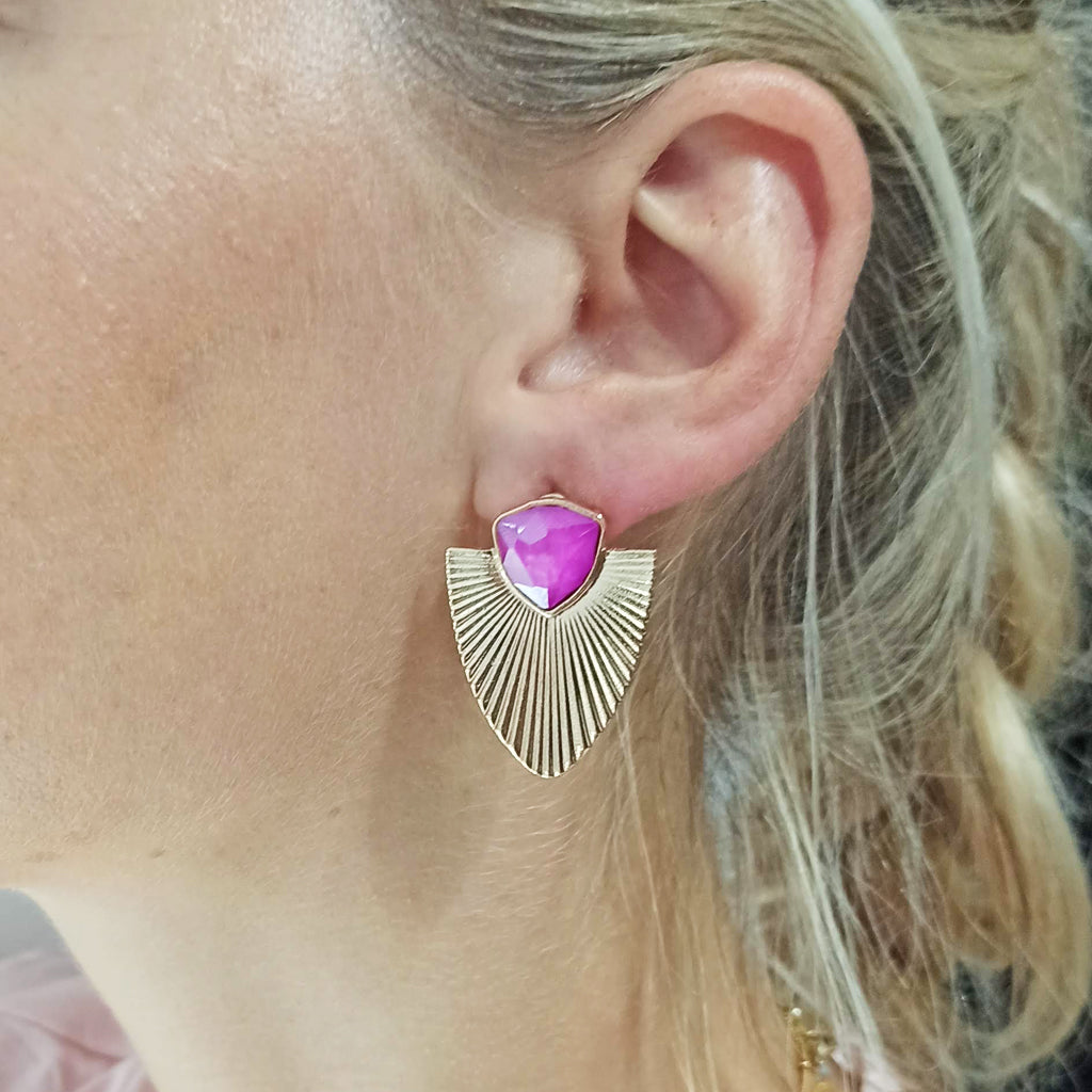 Pendientes Largos Dorados · Rayos Cristal Buganvilla