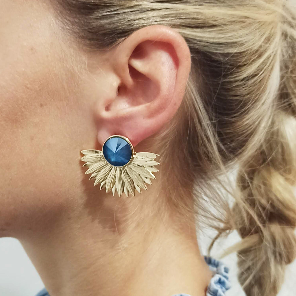 Pendientes Dorados con Cristal · Oro Sol Azul Redondo