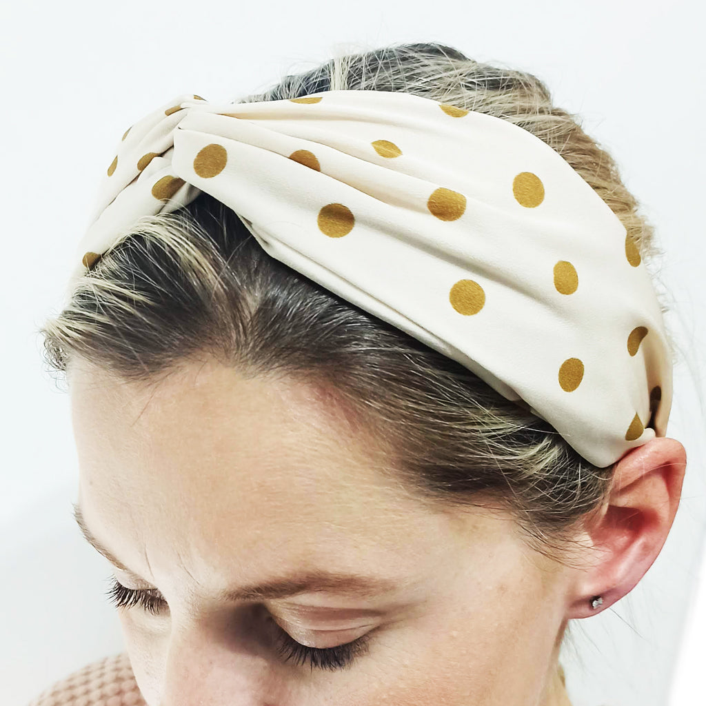 Diadema Nudo Cruzado Cinta de Pelo · Blanco Lunares Camel