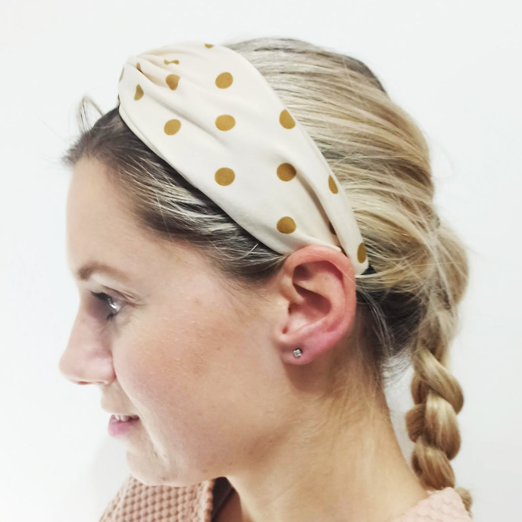 Diadema Nudo Cruzado Cinta de Pelo · Blanco Lunares Camel