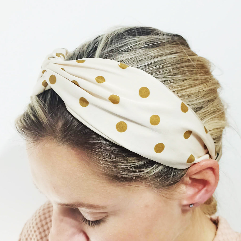 Diadema Nudo Cruzado Cinta de Pelo · Blanco Lunares Camel