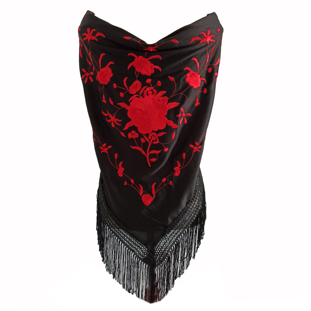 Mantón Flamenco Grande Bordado · Negro Rojo (175 x 85cm)