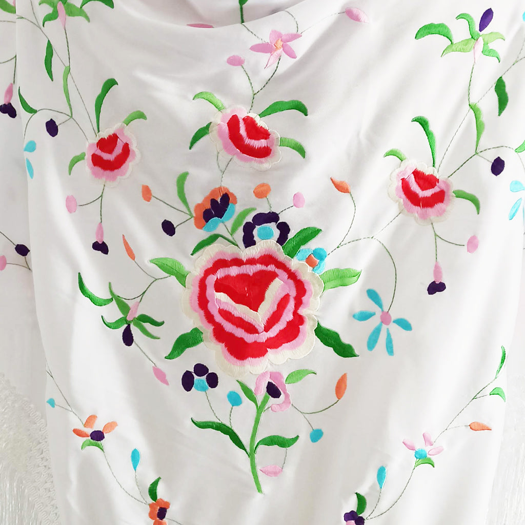 Mantón Flamenco Grande Bordado · Gran Flor Blanco Multicolor (160 x 85cm)
