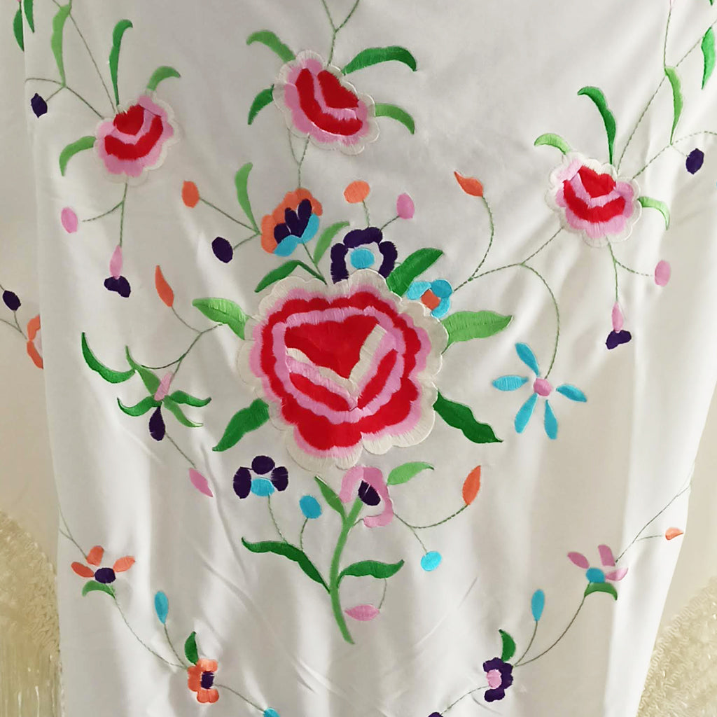 Mantón Flamenco Grande Bordado · Marfil Gran Flor Multicolor (160 x 85cm)