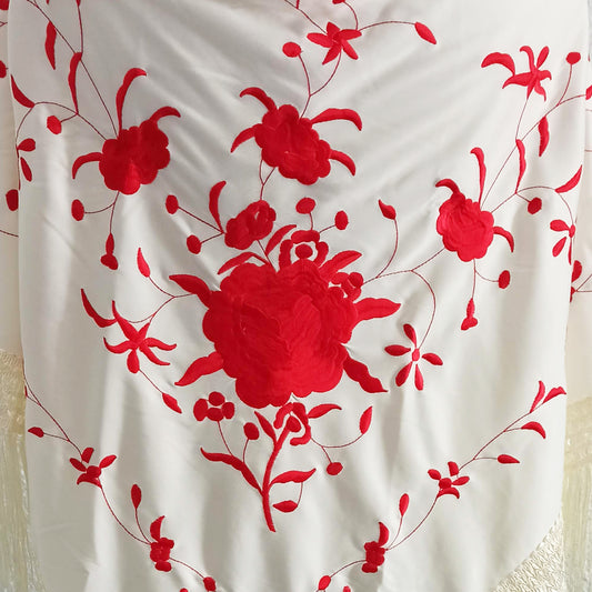 Großer bestickter Flamenco-Schal · Elfenbeinrot, große Blume (160 x 85 cm) Letztes Exemplar!