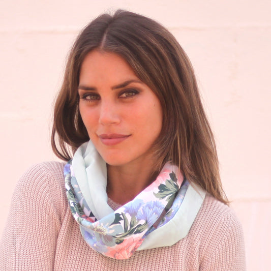 Fular Circular Reversible · Flores Denim / Verde Agua