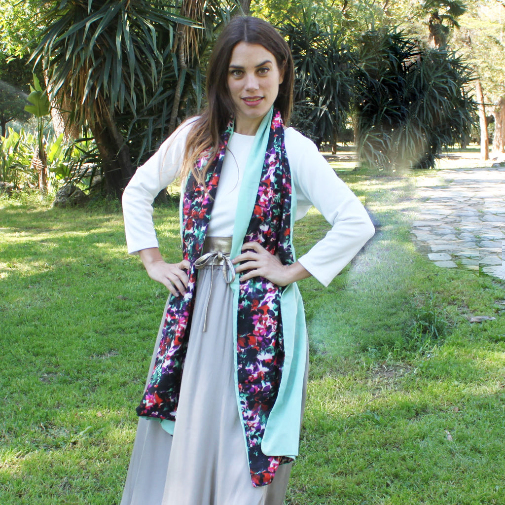Chal grande estampado reversible · Floral / Verde Agua (40x200cm)