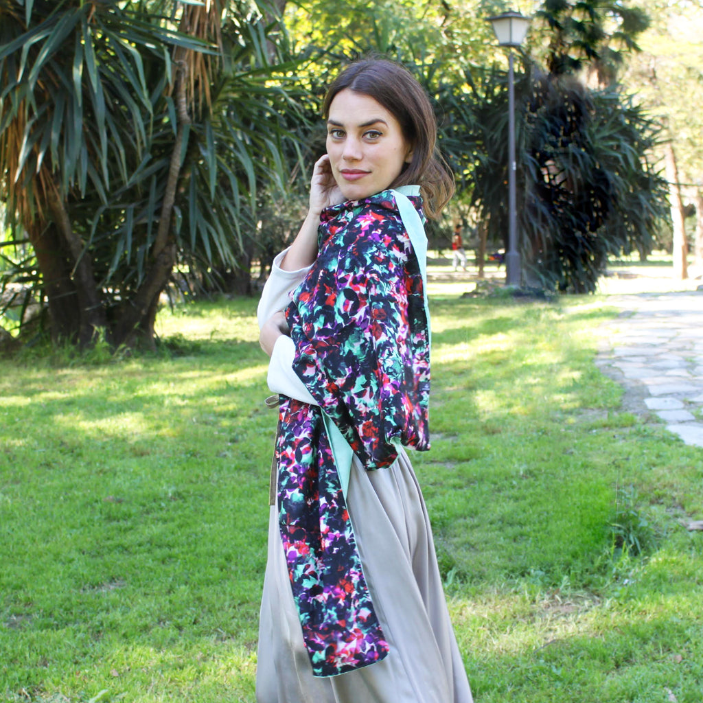Chal grande estampado reversible · Floral / Verde Agua (40x200cm)
