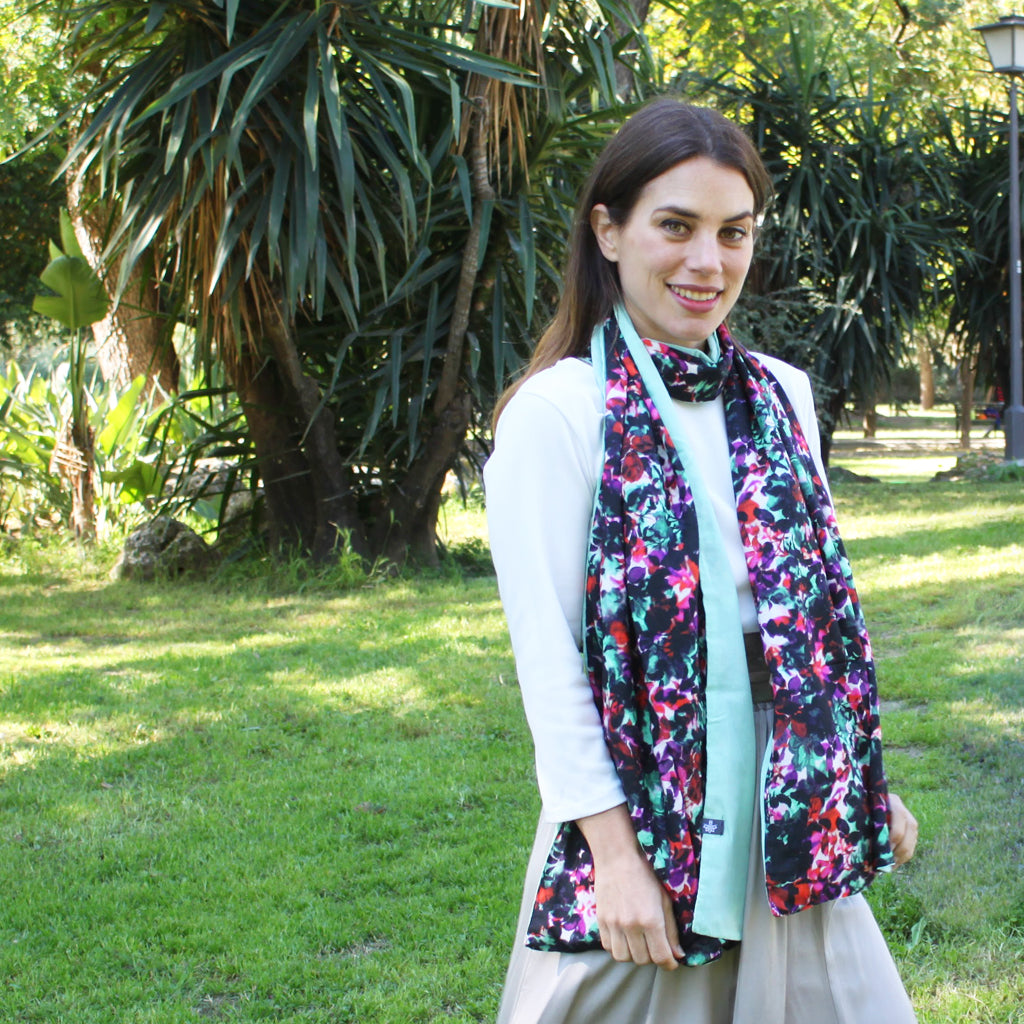 Chal grande estampado reversible · Floral / Verde Agua (40x200cm)