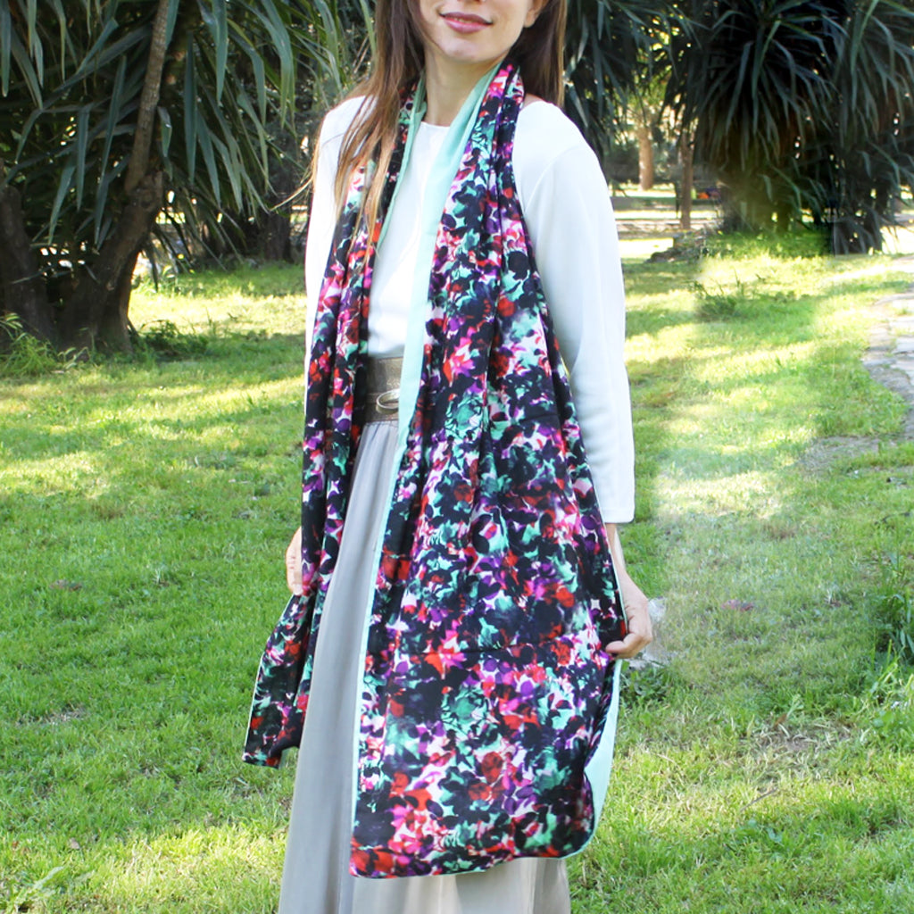Chal grande estampado reversible · Floral / Verde Agua (40x200cm)