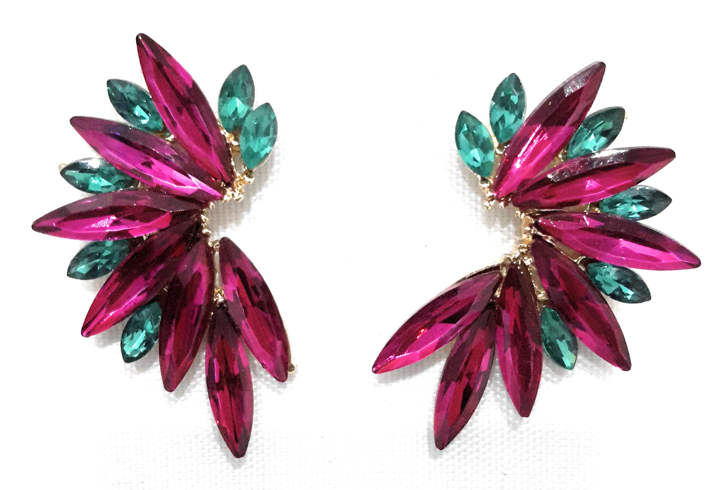 Pendientes Cristales Brillantes · Fucsia Verde Esmeralda, Oro