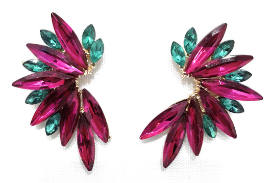 Pendientes Cristales Brillantes · Fucsia Verde Esmeralda, Oro