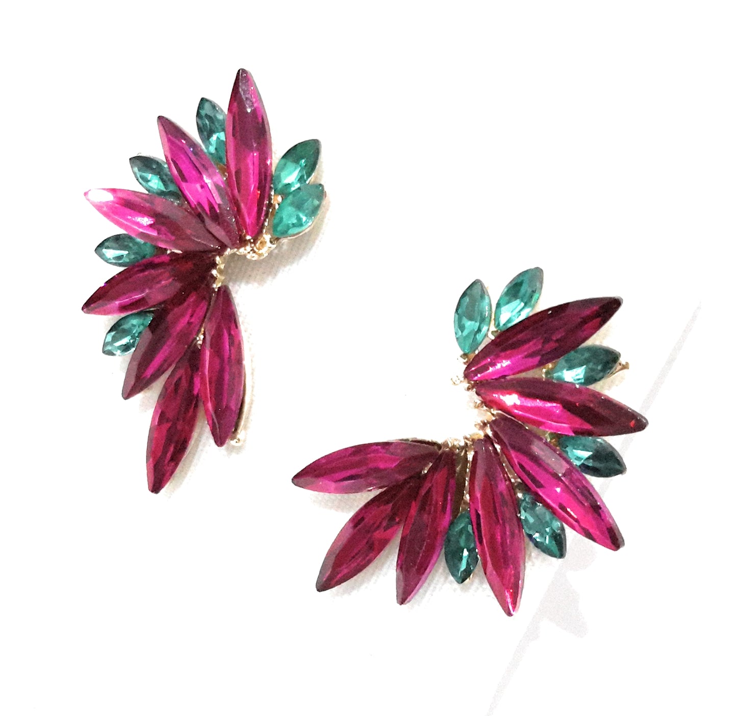 Pendientes Cristales Brillantes · Fucsia Verde Esmeralda, Oro