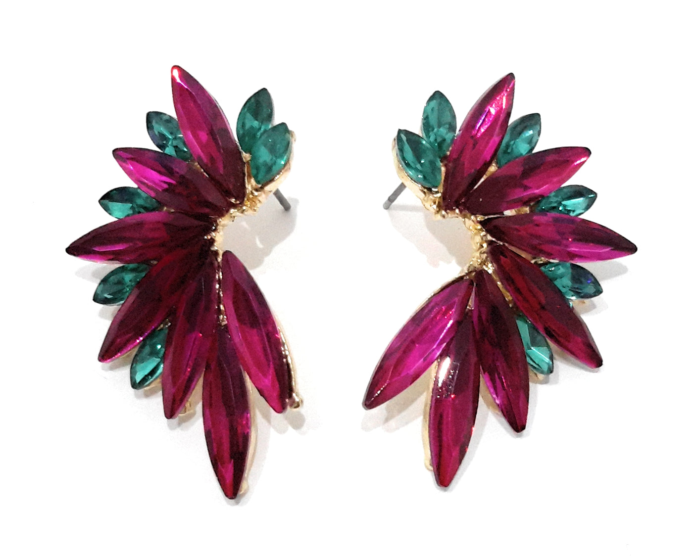 Pendientes Cristales Brillantes · Fucsia Verde Esmeralda, Oro