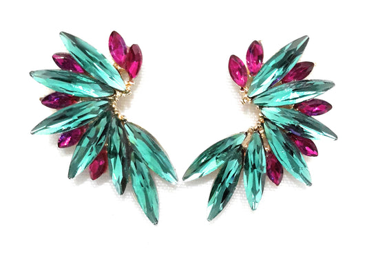 Pendientes Cristales Brillantes · Verde Esmeralda Fucsia, Oro