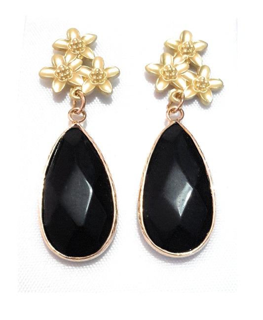 Pendientes Piedra Semipreciosa · Flores Doradas Negro