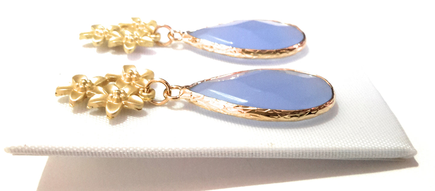 Pendientes Piedra Semipreciosa · Flores Doradas Celeste