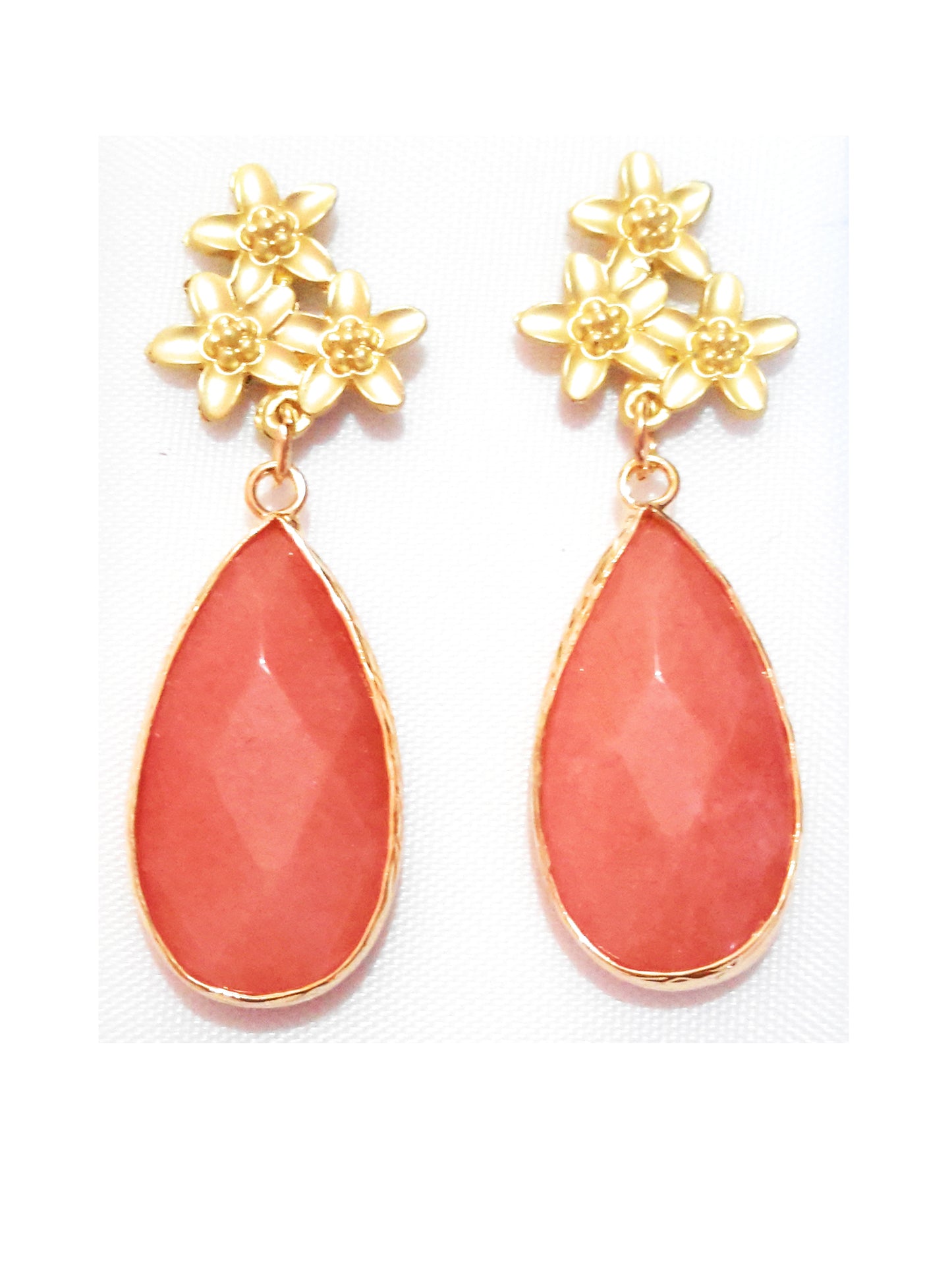 Pendientes Piedra Semipreciosa · Flores Doradas Coral