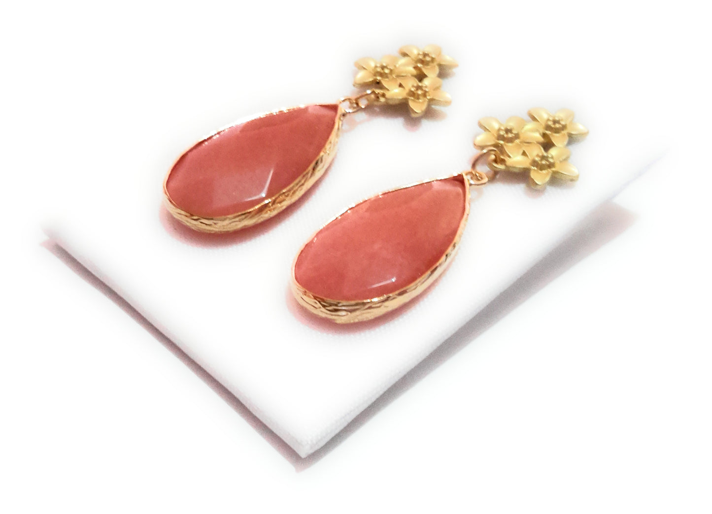 Pendientes Piedra Semipreciosa · Flores Doradas Coral