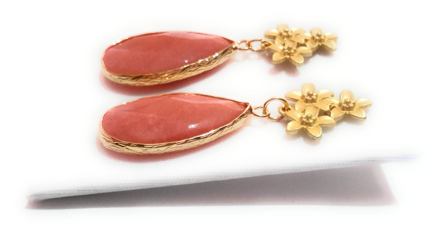 Pendientes Piedra Semipreciosa · Flores Doradas Coral