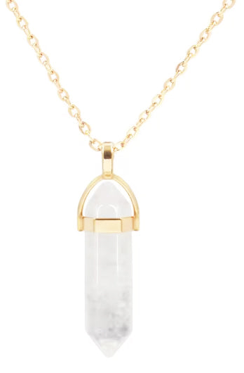 Péndulo Hexagonal de Piedra Semipreciosa Natural con Collar Corto Dorado · Cuarzo Blanco (últimas unidades!)