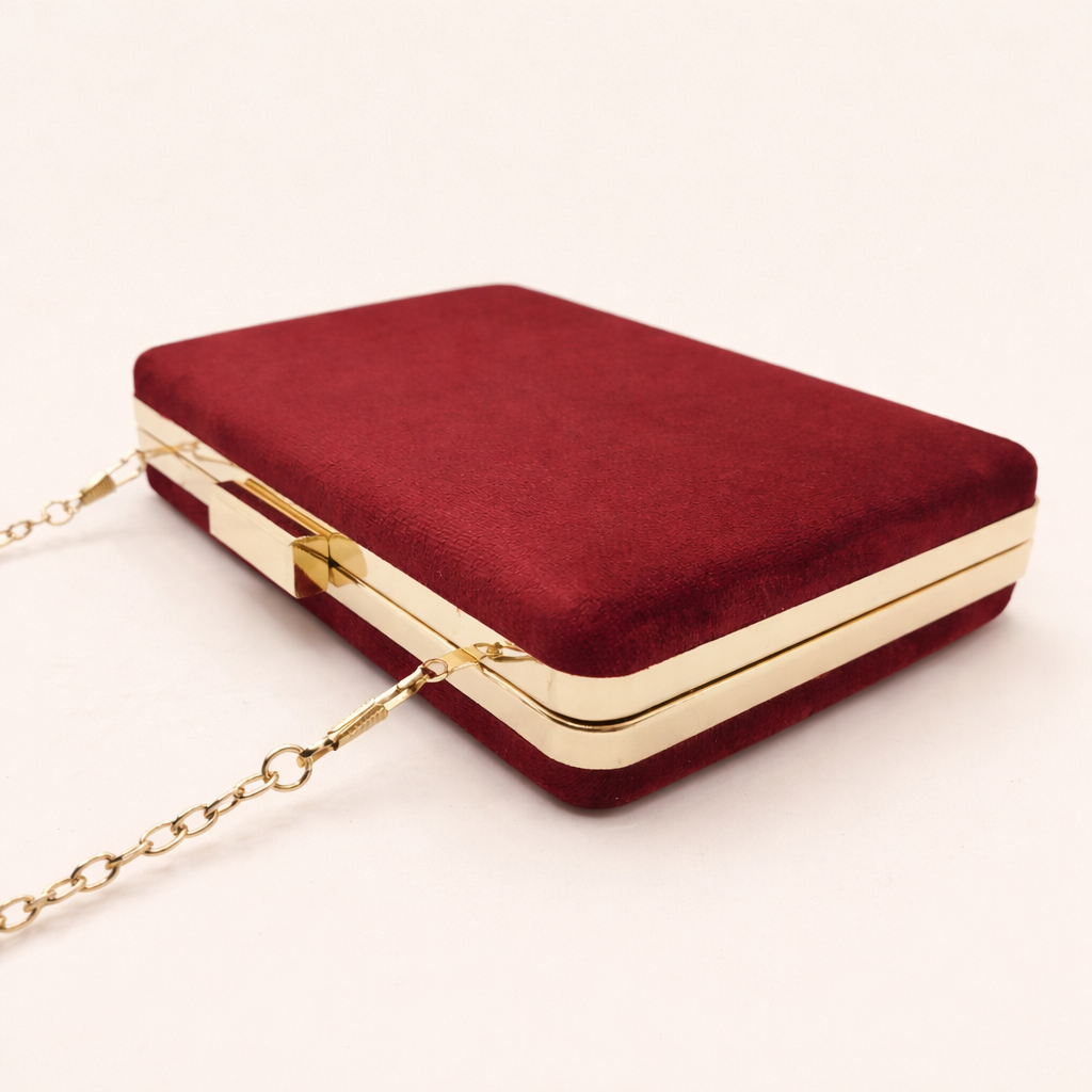 Bolso de fiesta burdeos de terciopelo con cadena dorada – Clutch elegante
