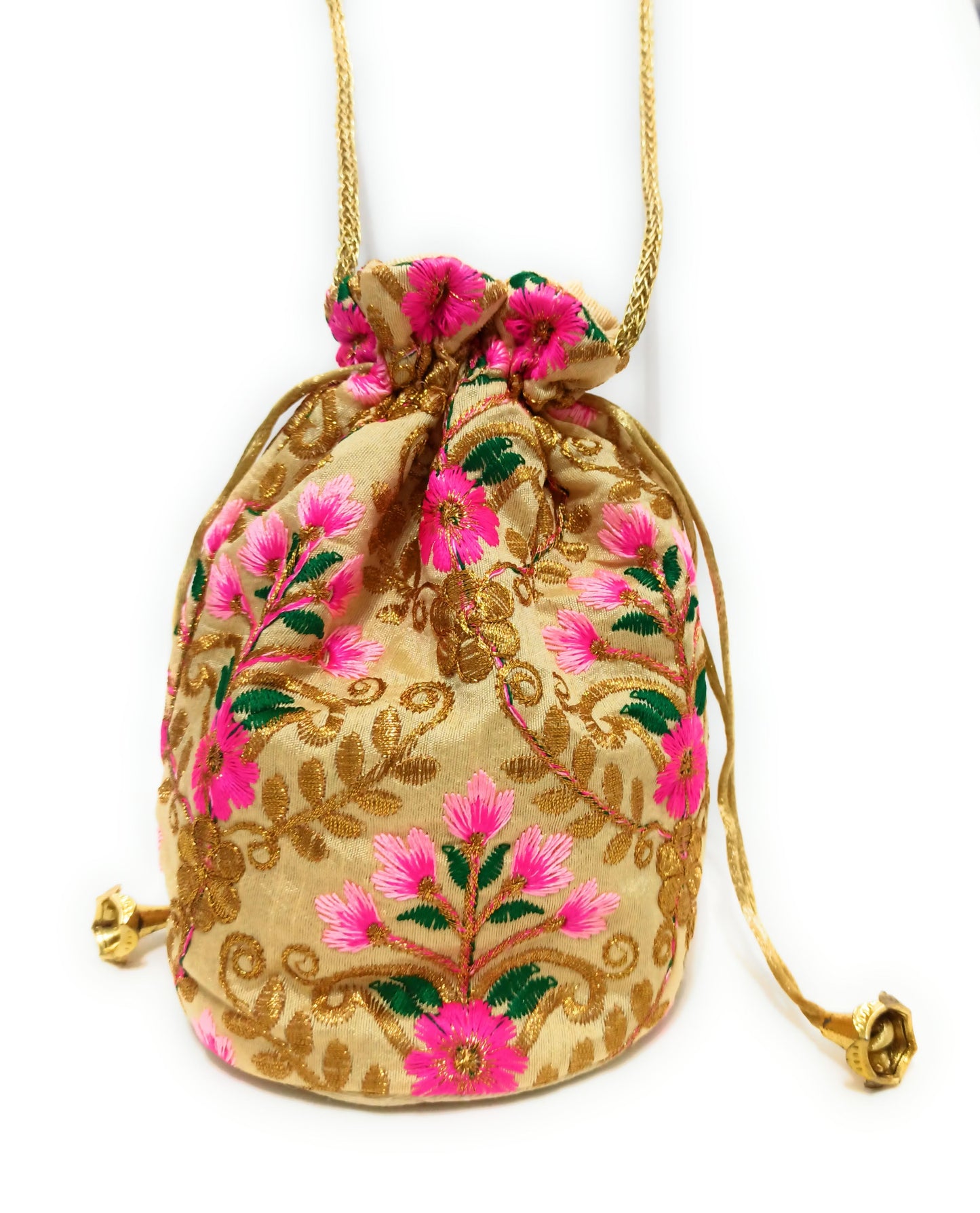 Saco Bolso De Mano de Fiesta · Artesanía bordada Dorado Fucsia (últimas unidades!)