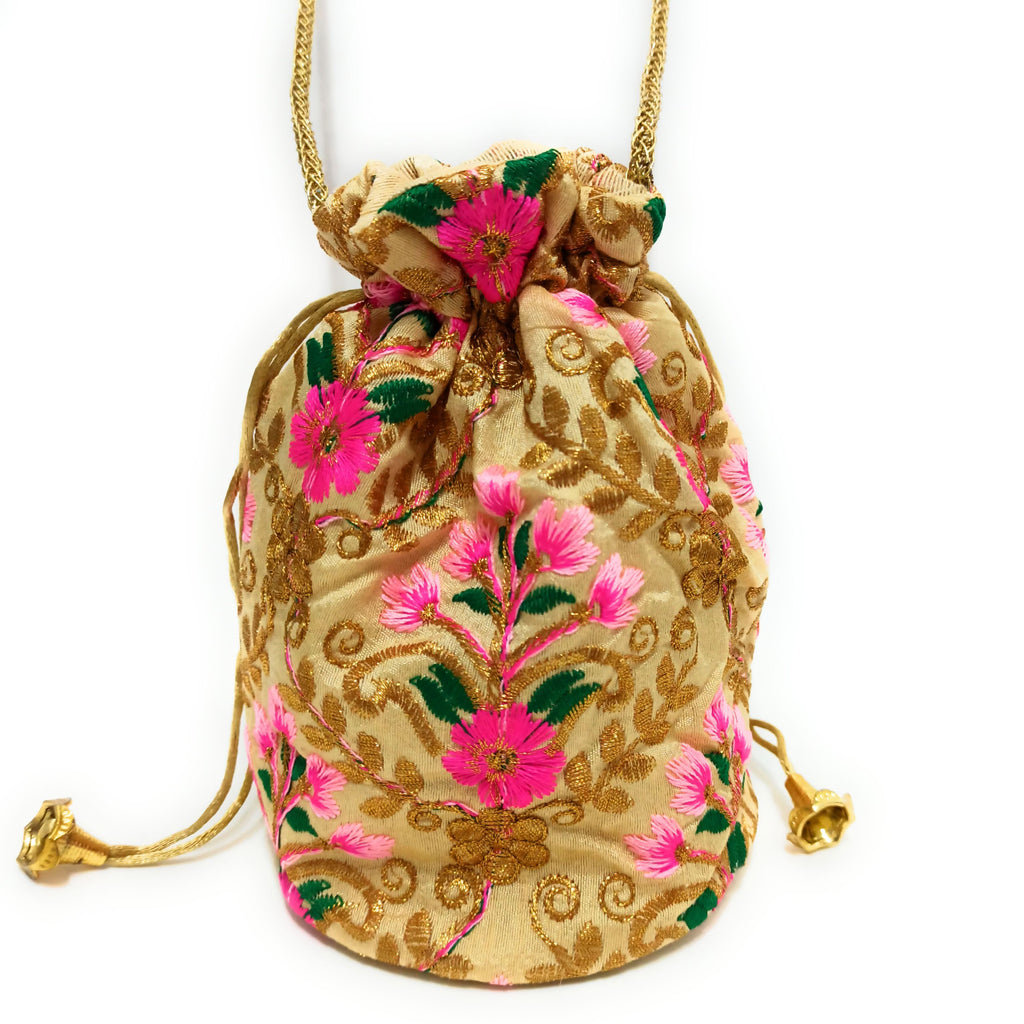 Saco Bolso De Mano de Fiesta · Artesanía bordada Dorado Fucsia (últimas unidades!)