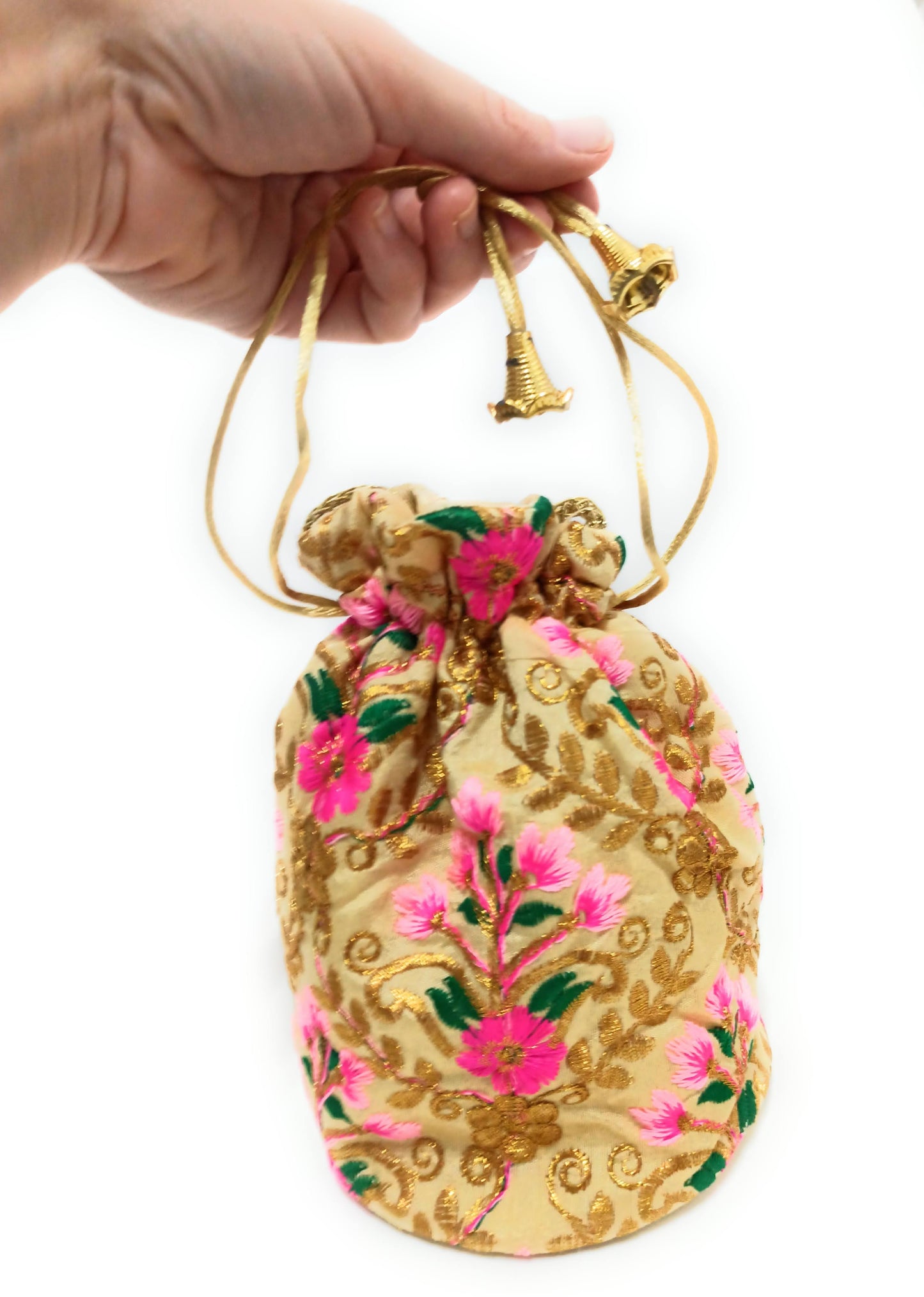 Saco Bolso De Mano de Fiesta · Artesanía bordada Dorado Fucsia (últimas unidades!)