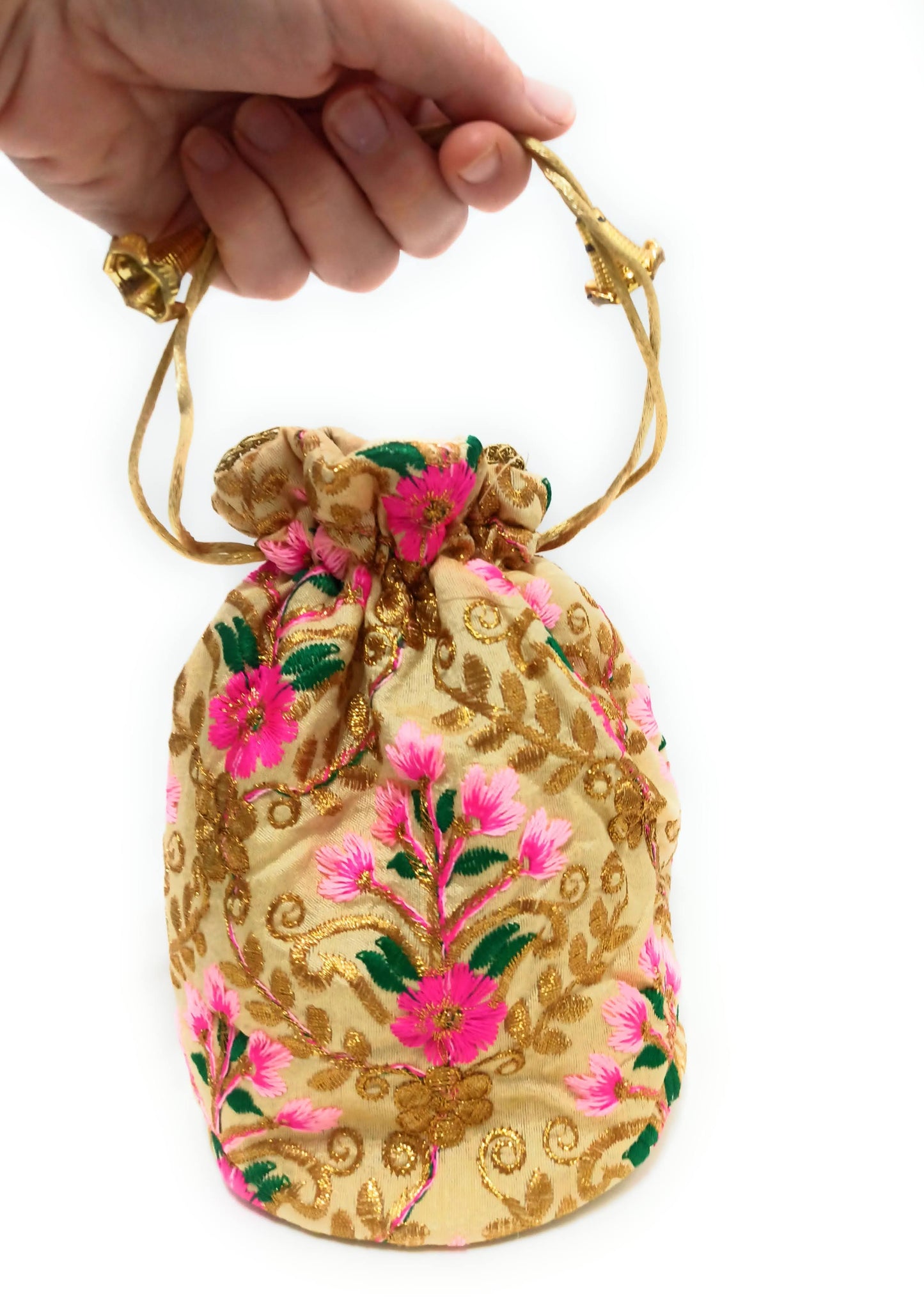 Saco Bolso De Mano de Fiesta · Artesanía bordada Dorado Fucsia (últimas unidades!)