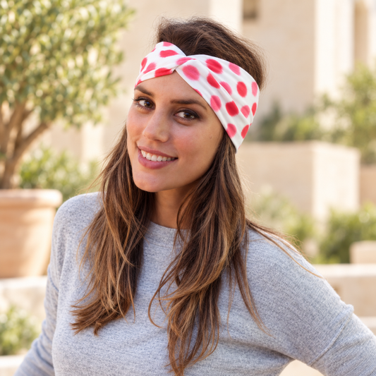 Bandeau élastique à nœud · Pois blancs corail